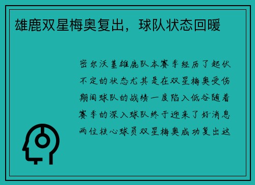 雄鹿双星梅奥复出，球队状态回暖