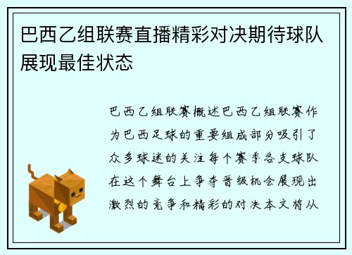 巴西乙组联赛直播精彩对决期待球队展现最佳状态